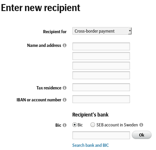 Enter new recipient form for cross-border payment: fields for name and address, tax residence, IBAN or account number, and Bic bank code.