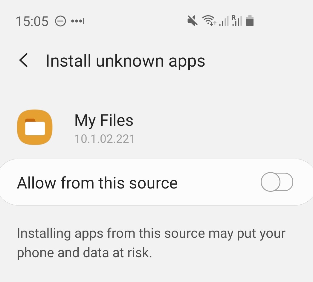Android Install unknown apps for My Files. Allow from this source toggle off. Installing apps from this source may put your phone and data at risk.