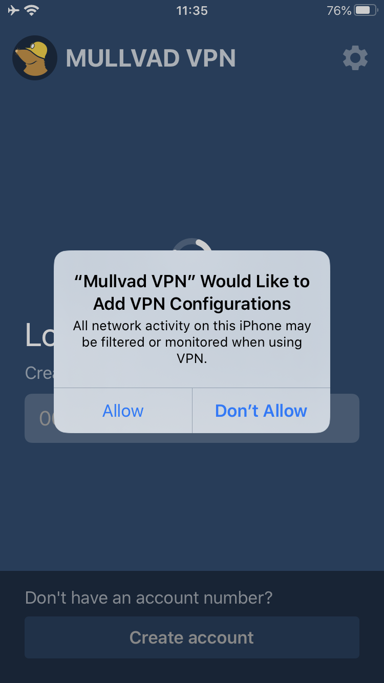 Prompt: "Mullvad VPN" Would Like to Add VPN Configurations. All network activity on this iPhone may be filtered or monitored. Allow, Don't Allow.