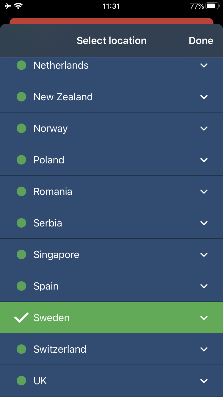 Select location menu listing Netherlands, Poland, and others. Sweden is highlighted green and selected with a checkmark.