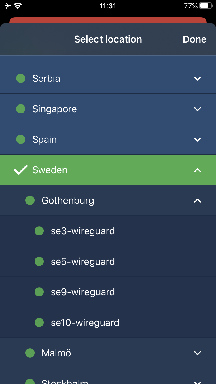 Select location: Serbia, Singapore, Spain, Sweden, Gothenburg, se3-wireguard, se5-wireguard, se9-wireguard, se10-wireguard, Malm&ouml;, Done.