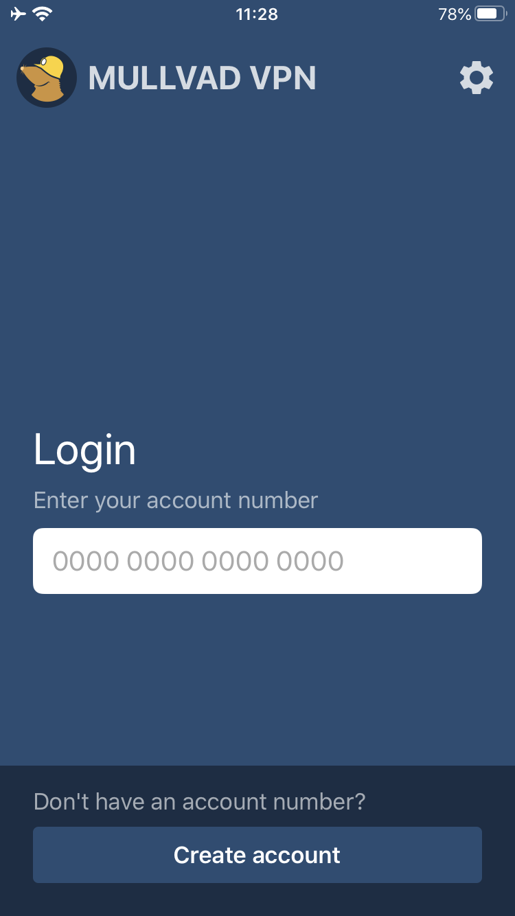Login screen: Login, Enter your account number, Create account button, and a settings gear icon.