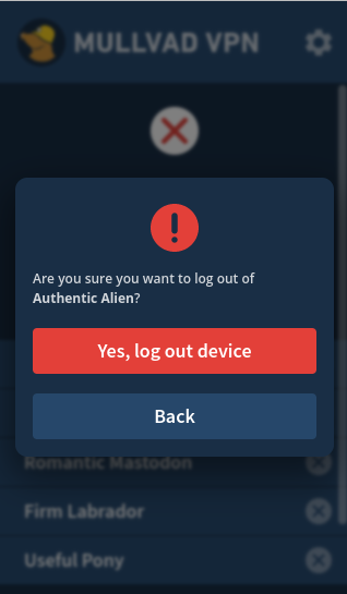 Logout prompt: Are you sure you want to log out of Authentic Alien? Buttons: Yes, log out device and Back.