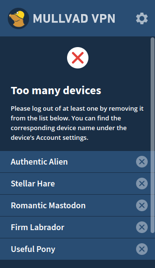 Too many devices. Please log out of at least one by removing it from the list below. Displays device names with removal icons.