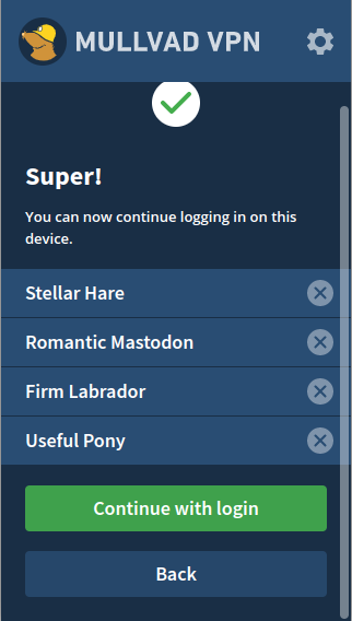 Super! You can now continue logging in on this device. Green Continue with login button and a list of paired devices.