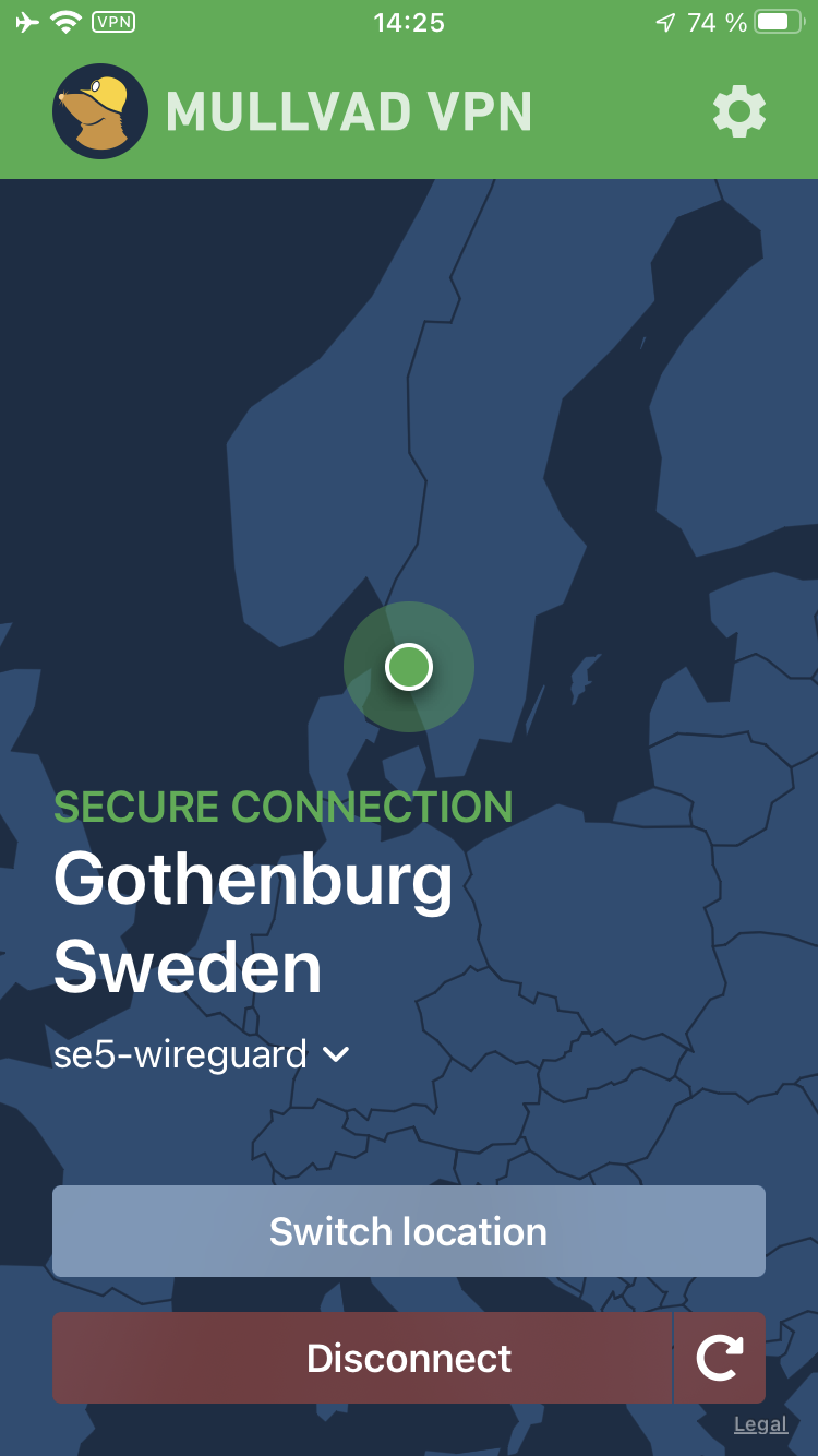SECURE CONNECTION to Gothenburg Sweden on se5-wireguard with Switch location and Disconnect buttons.