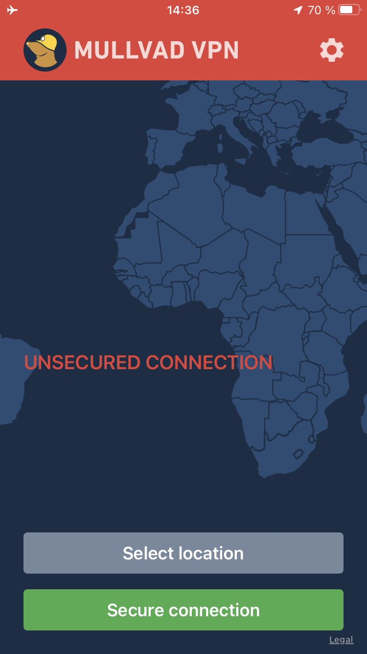 Interface showing UNSECURED CONNECTION status, world map, Select location, and green Secure connection buttons.