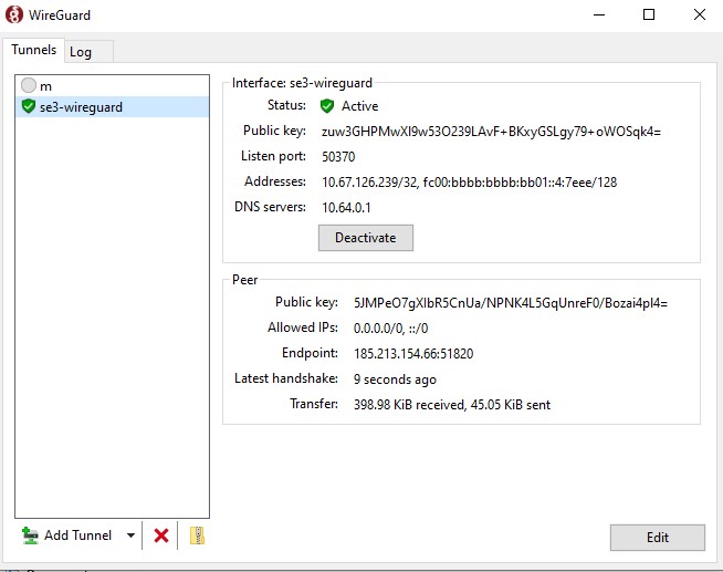 WireGuard app window showing se3-wireguard tunnel. Status: Active. Interface and Peer details displayed with Deactivate and Add Tunnel buttons.