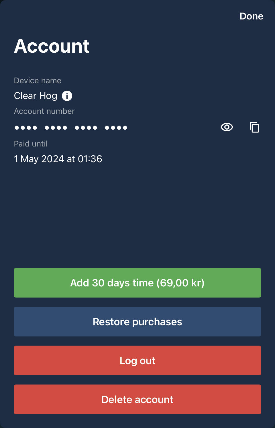 Mullvad app account settings