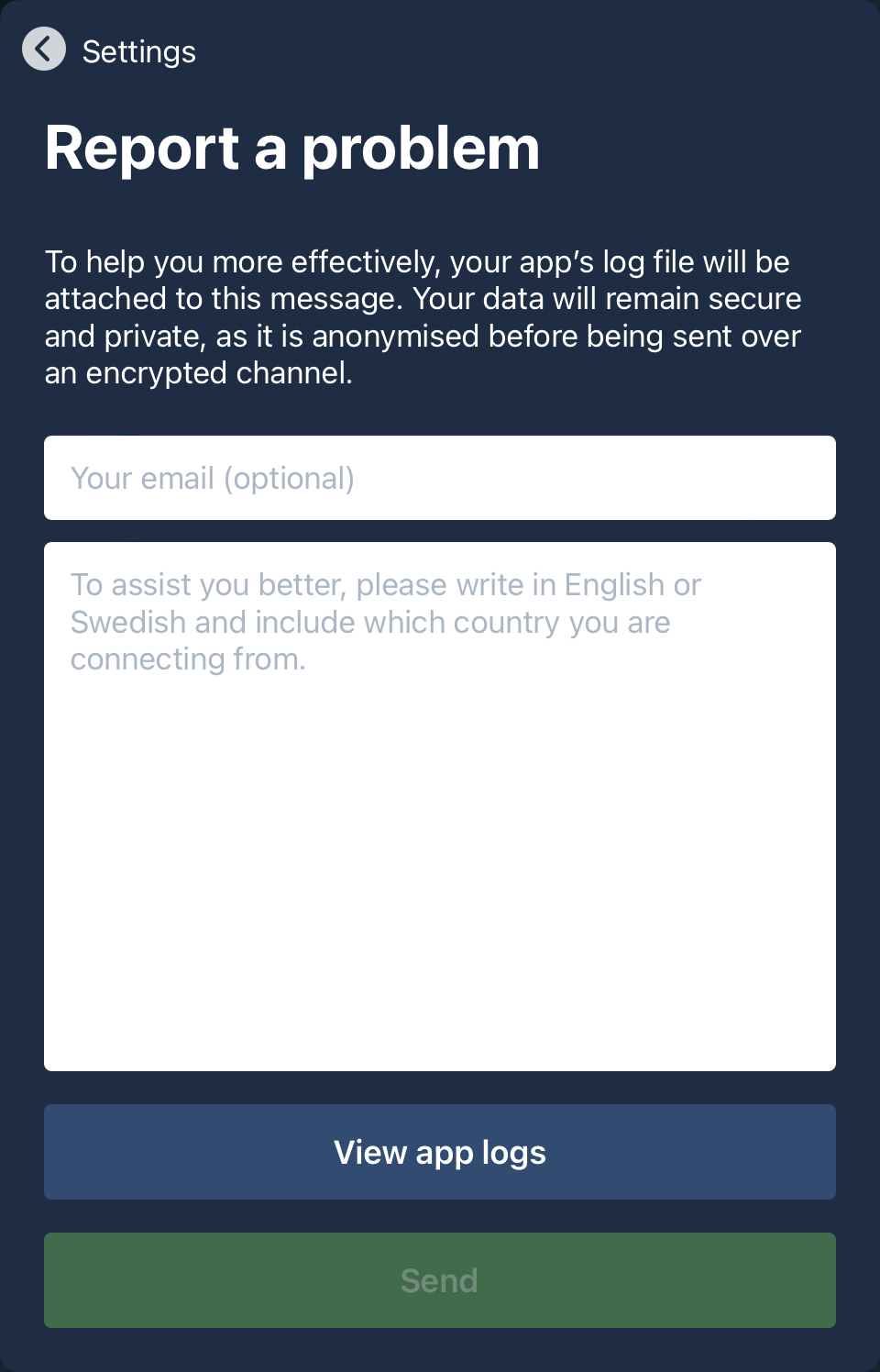 Mullvad app Problem report