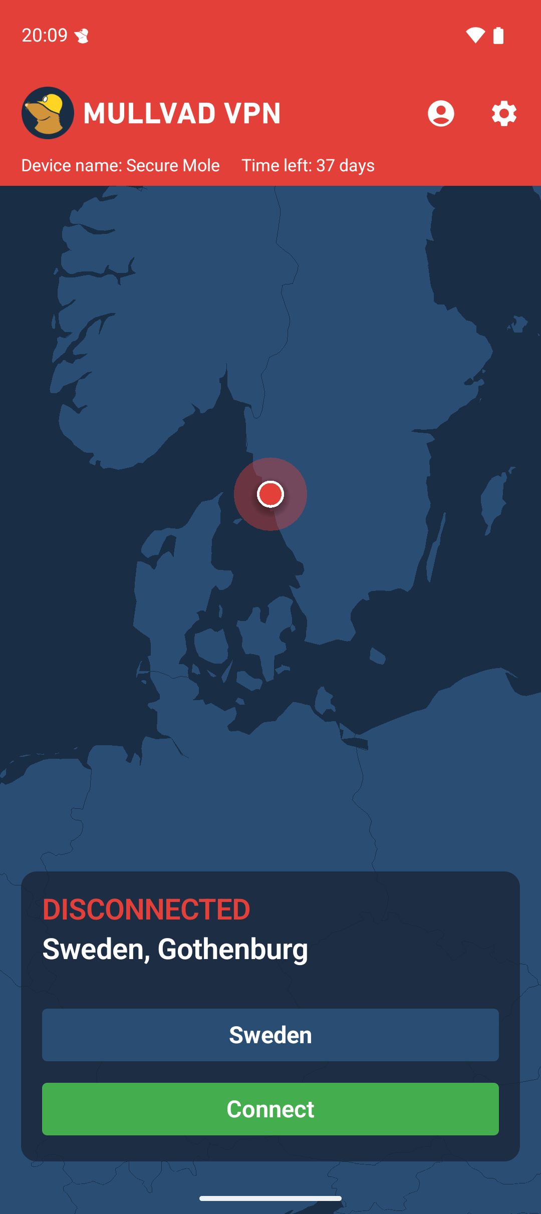 DISCONNECTED status for Sweden, Gothenburg. Red header lists Secure Mole device name. Includes map and green Connect button.