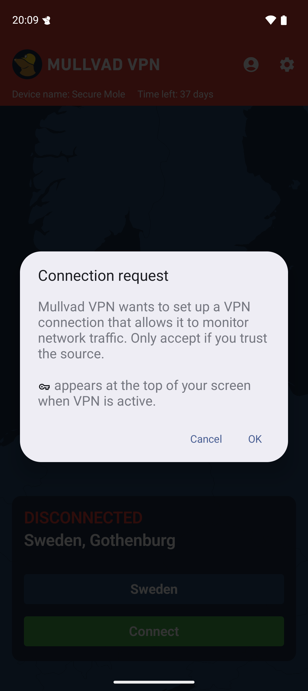 Connection request dialog: Mullvad VPN wants to set up a VPN connection that allows it to monitor network traffic. Buttons: Cancel and OK.