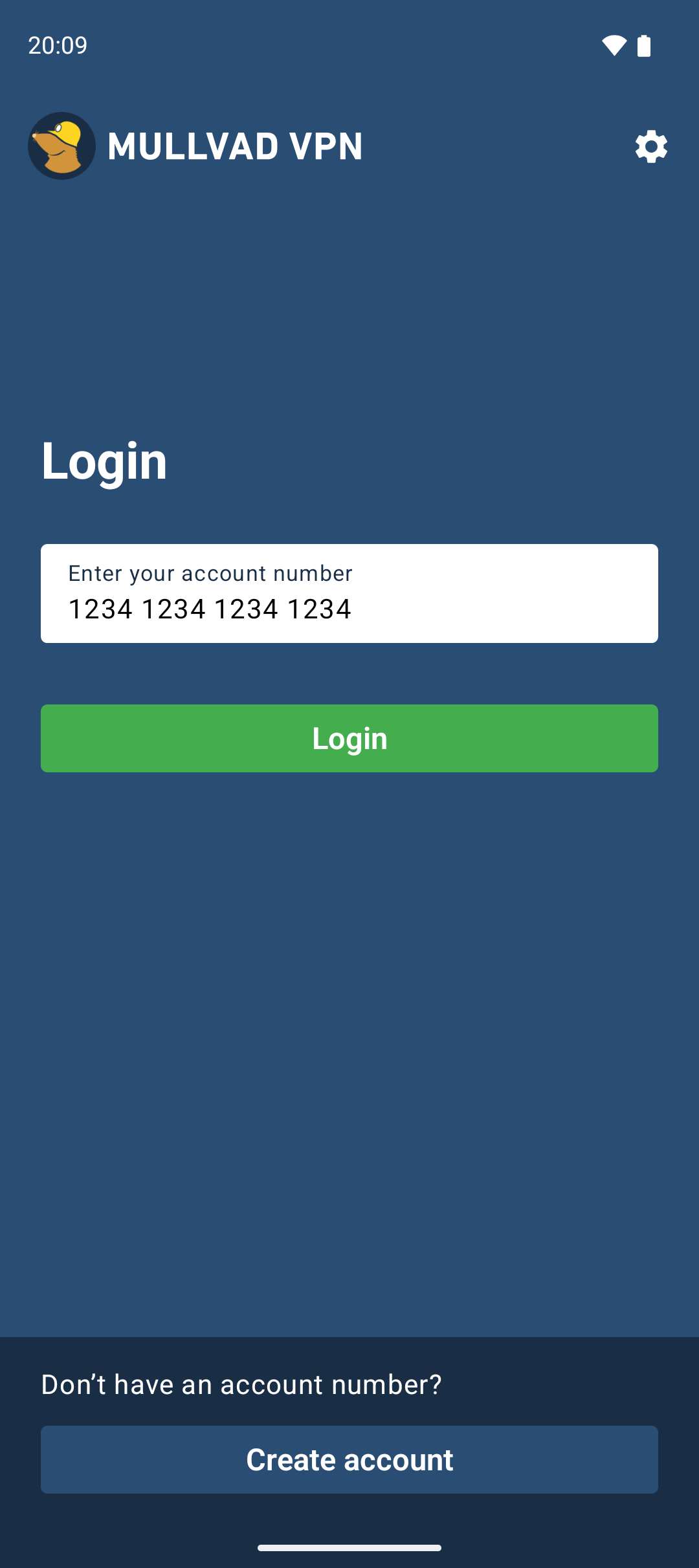 Login screen with account number field 1234 1234 1234 1234, green Login button, and Create account button.