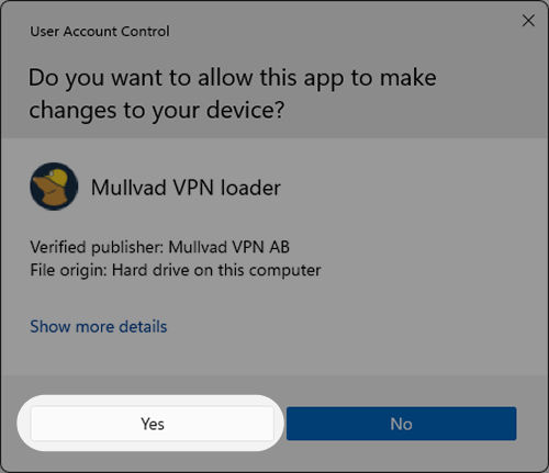 User Account Control: Do you want to allow this app to make changes to your device? Mullvad VPN loader. Verified publisher: Mullvad VPN AB. Yes button highlighted.