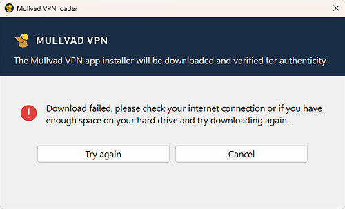 Windows loader error: Download failed, please check your internet connection or if you have enough space on your hard drive and try downloading again. Buttons: Try again, Cancel.