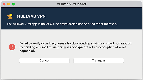 Failed to load version details error text, with two buttons to cancel or try again.