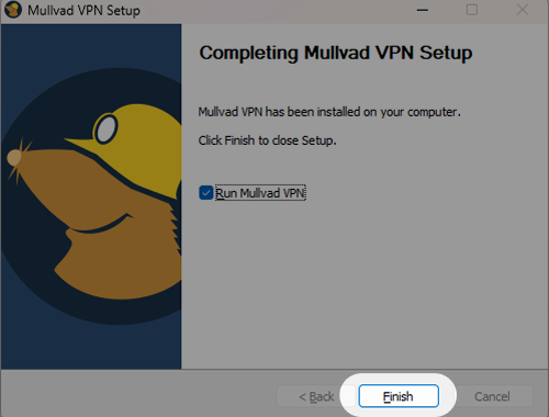 Completing Mullvad VPN Setup window. Text: Mullvad VPN has been installed. Click Finish to close Setup. Highlighted Finish button.