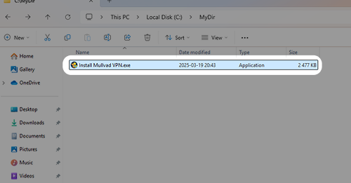 Windows File Explorer window showing the Install Mullvad VPN.exe file highlighted in a folder.