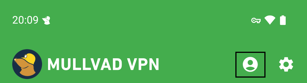 App header showing the mole logo, text, and a black box highlighting the account button next to the settings gear.