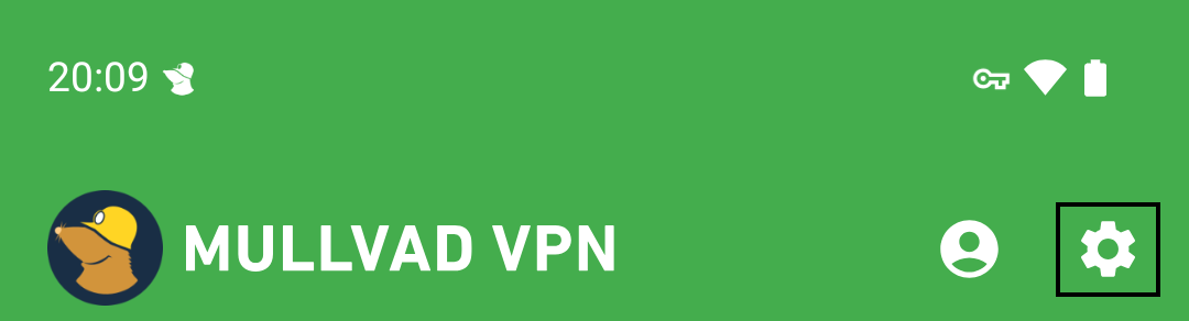 App header showing MULLVAD VPN text and a gear icon highlighted with a black square to indicate the Settings menu.