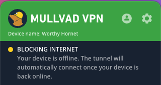 Mullvad app showing "Your device is offline" message.