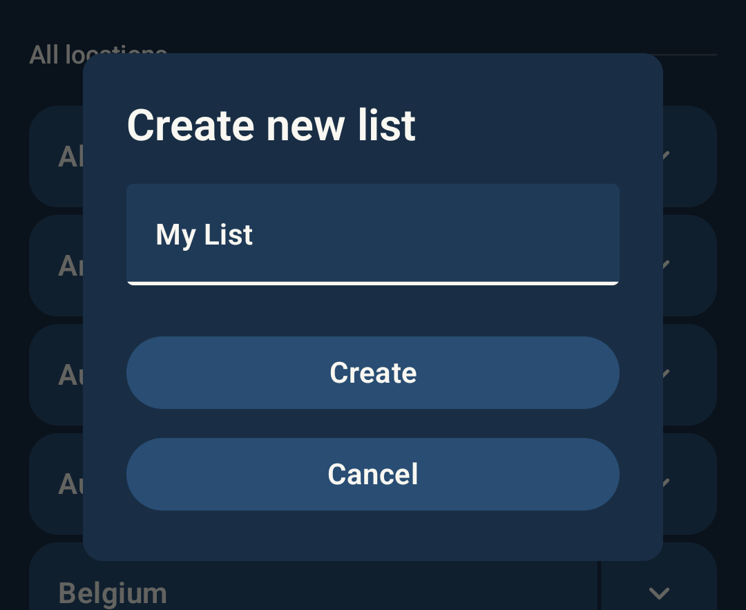 Screenshot showing create new list