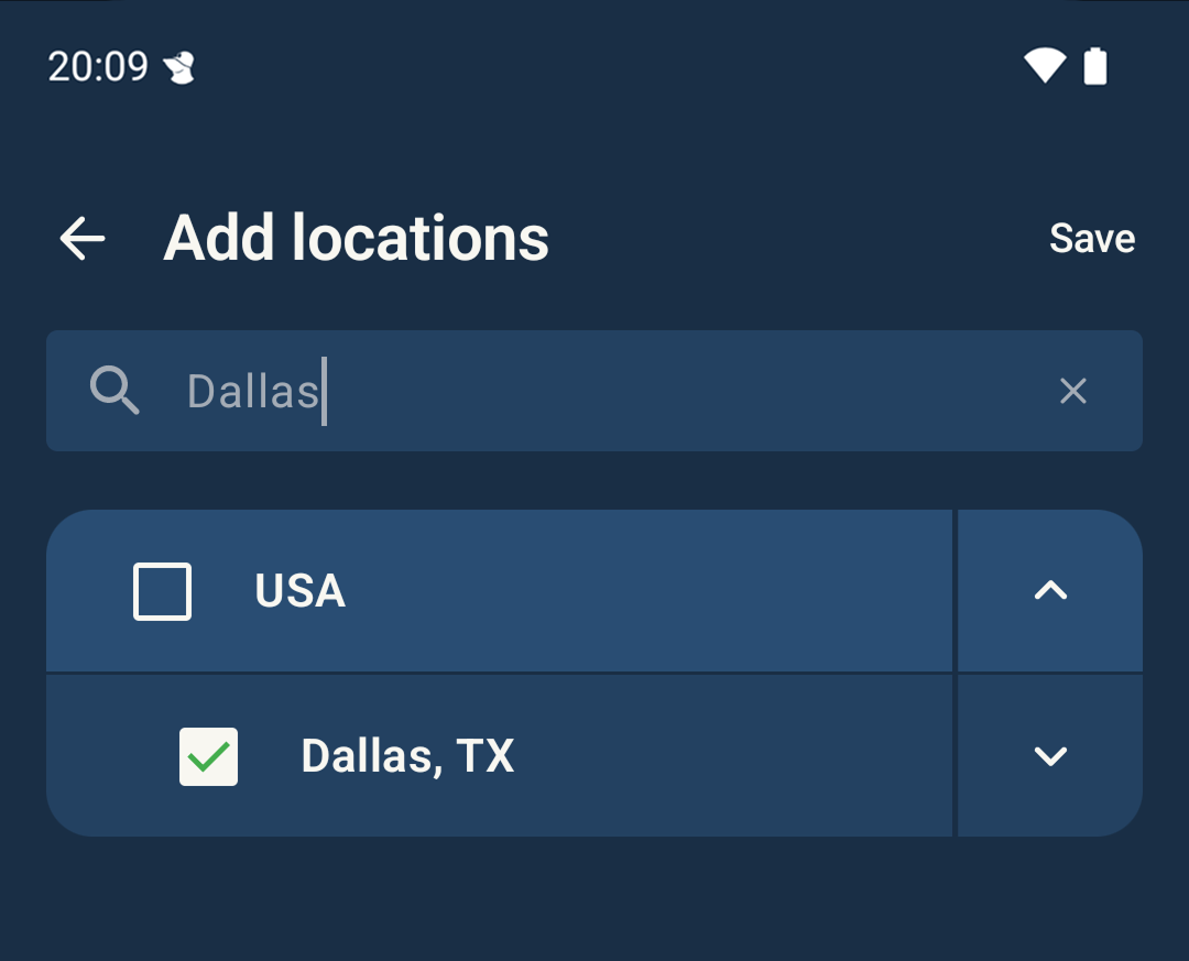 Screenshot showing Add locations search field