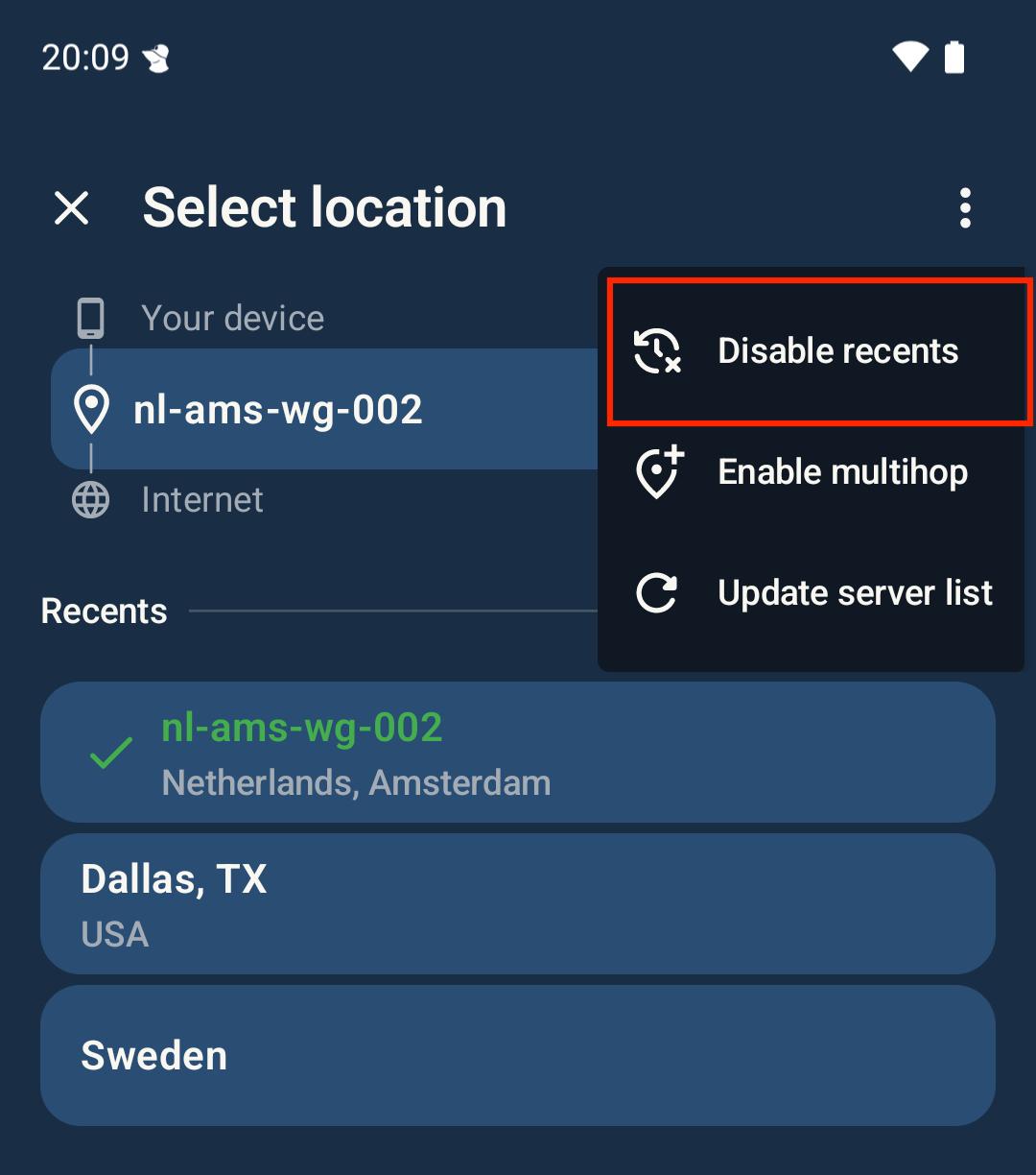 Screenshot showing recent locations