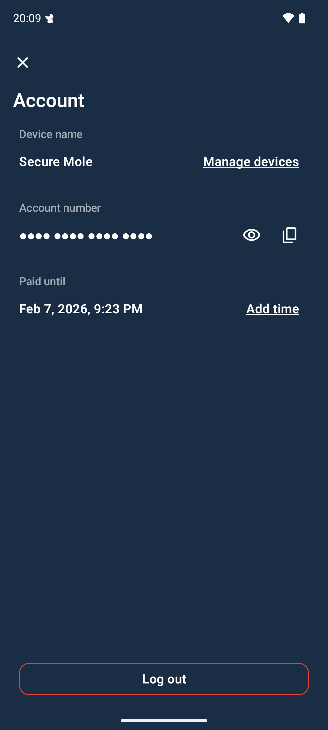 The account screen showing a device name, an obfuscated account number, the end time of the current subscription and three buttons. The buttons are “Manage account”, “Add time” and “Log out”.