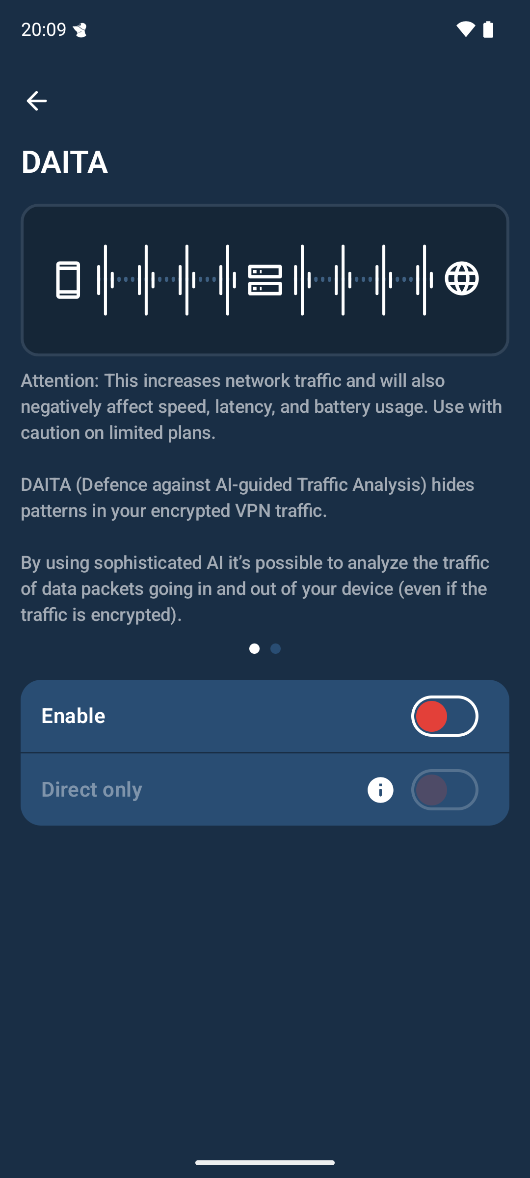 DAITA settings. There is an image with a DAITA visualization at the top, a partial description of how DAITA works and two option buttons. One option button turns DAITA on or off. The other one turns “Direct only” on or off.