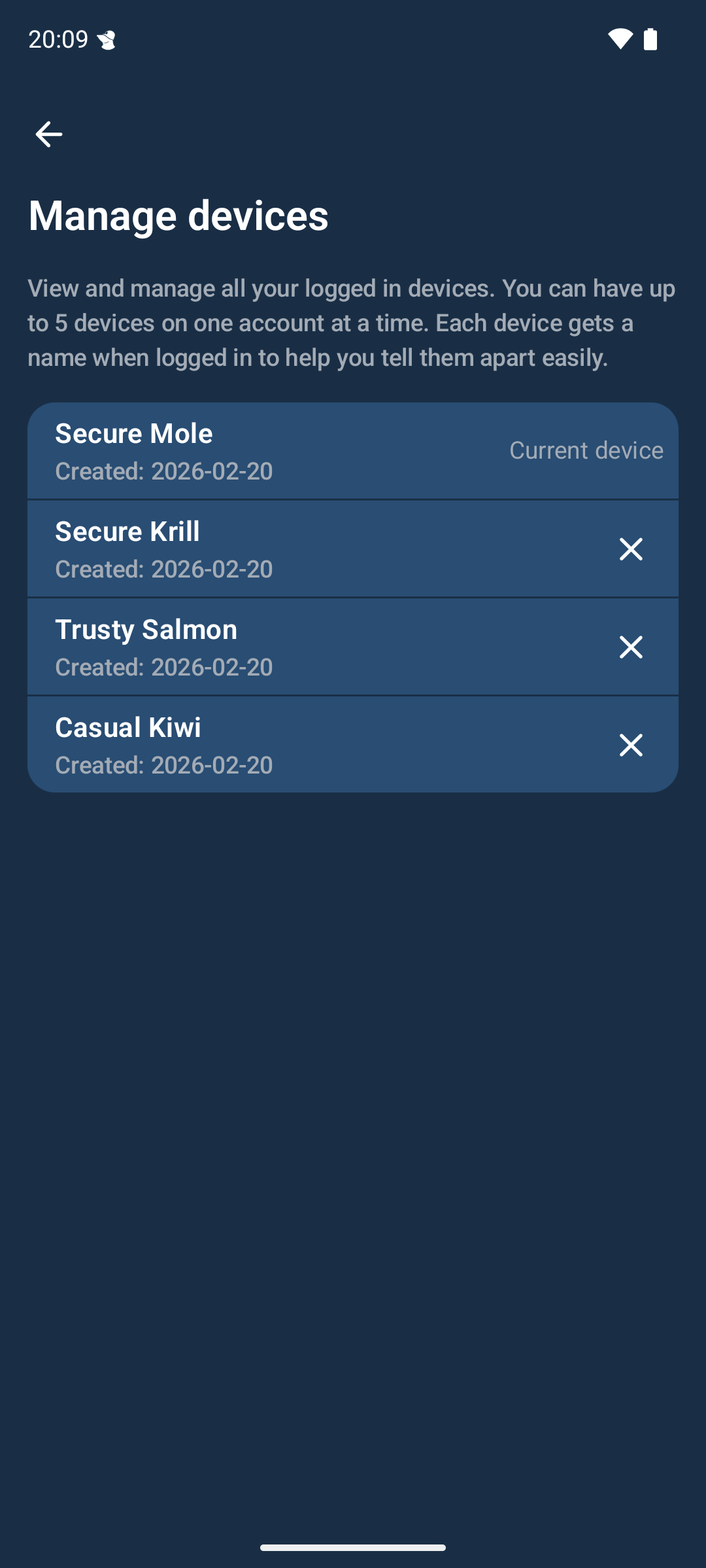 A list of device names with creation dates. The first device name is marked as “Current device” and the rest have an “X” instead to allow deletion.