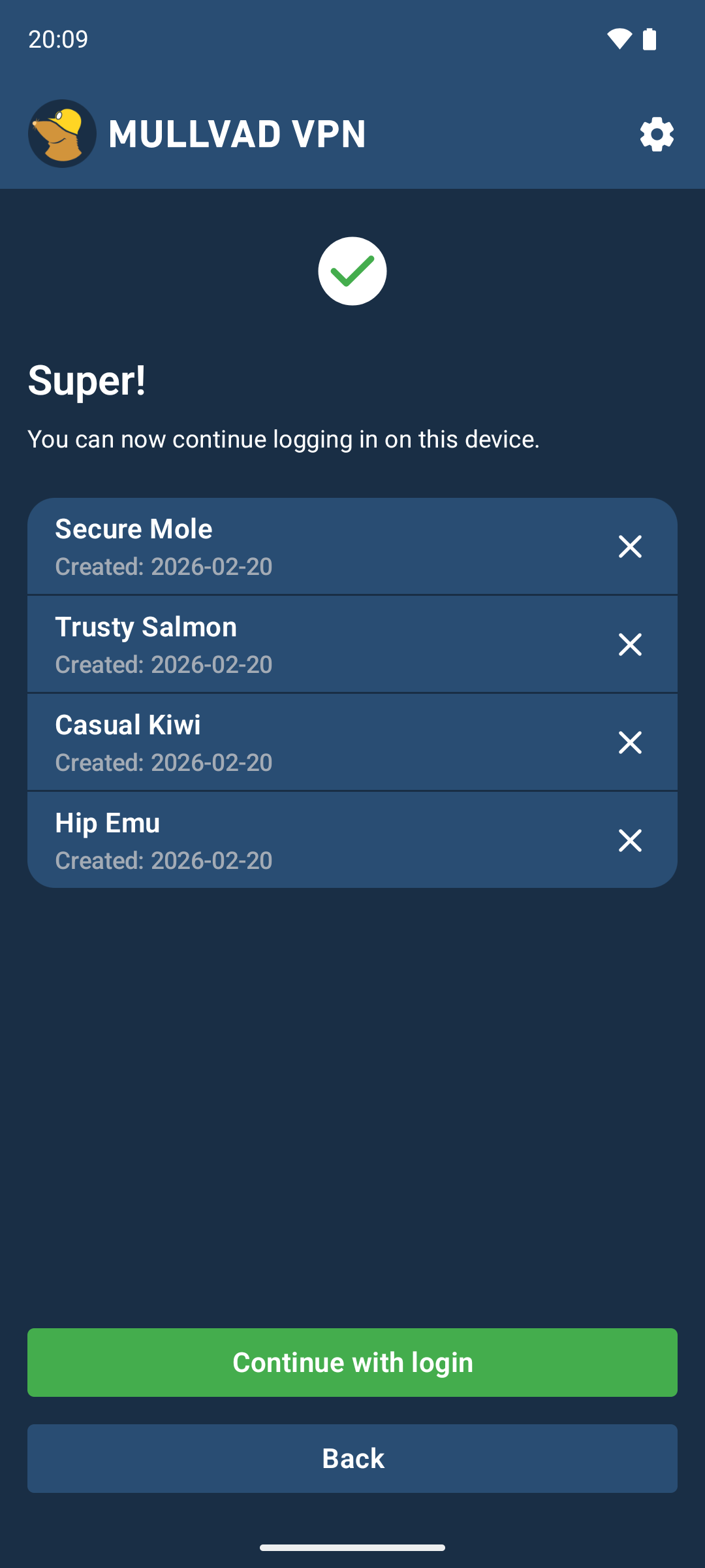 Text saying ”Super! You can now continue logging in on this device." with a list of devices and a "Continue with login" button.