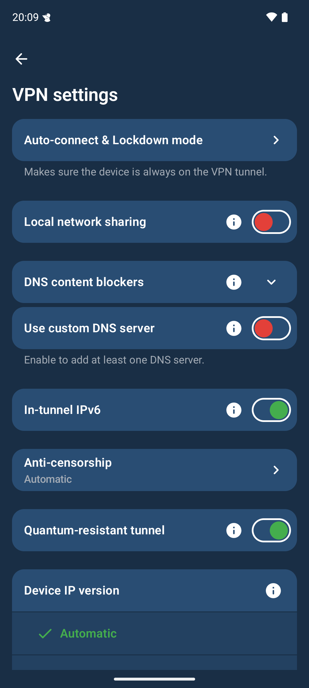 The VPN Settings screen of the app. There is a list of feature showing, starting with “Auto-connect & Lockdown mode”. The features after are “Local network sharing”, “DNS content blockers”, “Use custom DNS server”, “In-tunnel IPv6”, “Anti-censorship”, “Quantum-resistant tunnel” and “Device IP version”.
